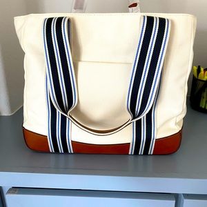 NWT Lauren Ralph Lauren LORA Large Striped Double Handled Cream Canvas Tote Bag